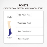 Merino wool socks in navy with a custom pattern, designed for adults size 7-12, featuring a thick fabric.