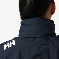 Back view of a navy Helly Hansen jacket with a high collar and logo.