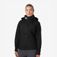 Woman wearing black Helly Hansen waterproof jacket with hood.