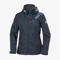 Waterproof navy blue jacket with red zipper accents and hood.