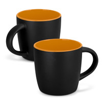 A coffee mug featuring a matte black exterior and a glossy orange interior, with a handle and a logo.