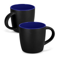 A two-tone coffee mug set featuring a matte black exterior and a vibrant blue interior, with a handle for easy grip.