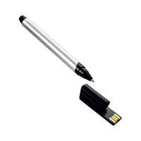 A silver metal pen with a black tip and a removable cap that reveals a USB connector.