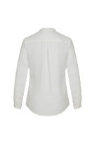 A white long sleeve blouse with a button-up design and a back pleat, featuring a subtle branding logo.