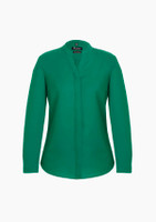 A green long sleeve blouse with a button-up front and a collar. The blouse features a logo on the tag.