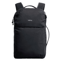 A black backpack with shoulder straps, featuring a front pocket and a logo on the exterior.