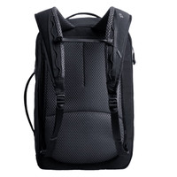 A black backpack featuring a mesh back panel and padded shoulder straps. It includes a logo on the front.