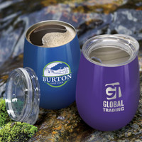 A drink bottle featuring a blue and a purple vacuum cup, both with unique logos and clear lids.
