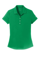 A green polo shirt with a modern fit, featuring a collar and buttoned placket, has a brand logo on it.