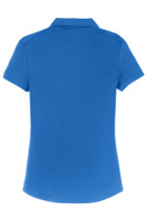 A blue polo shirt with a modern fit, featuring a collar and short sleeves. It has a logo on it.