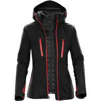A women's jacket in black with red accents, featuring a hood and zippered pockets. It has a sleek, stylish design.