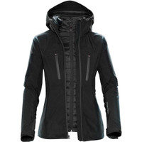 A women's black jacket with a hood, featuring zippered pockets and a sleek design, also displaying a logo.