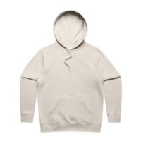 A beige hoodie featuring a front pocket and an adjustable drawstring hood, with a logo on the inside.