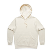 A cream-coloured hoodie featuring a front pocket and an adjustable hood. It has a logo present.