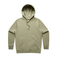 A sage green hoodie with a front pocket and an adjustable hood, featuring a logo on the front.