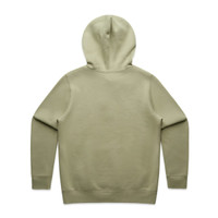 A green hoodie with a spacious hood, featuring long sleeves and a simple design. It has a logo on it.