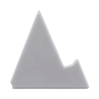 A grey triangular phone stand designed to hold devices. It features a minimalistic shape and has a logo.