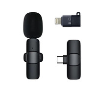 A black wireless microphone with a compact design, accompanied by an adapter, featuring a minimalist style and branding.