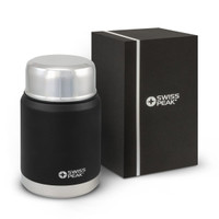 A drink bottle with a black matte finish and silver lid, accompanied by a black box, features a logo.