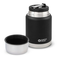 A drink bottle in matte black with a stainless steel interior, accompanied by a matching bowl, featuring a logo.