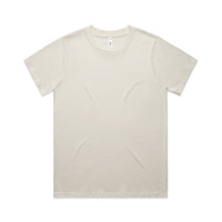 A plain cream-coloured T-shirt, short-sleeved, featuring a round neck and a logo on the label.