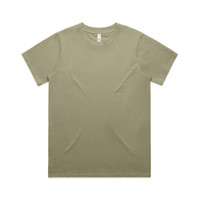 A light olive green t-shirt with a round neckline, featuring a logo on the label.