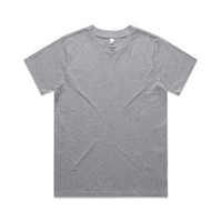 A plain grey T-shirt with short sleeves, featuring a tag inside the neckline and a logo on the hem.