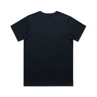 A black t-shirt featuring a simple design and a logo on the back.