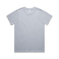 A light blue T-shirt with short sleeves and a round neckline, featuring a logo.