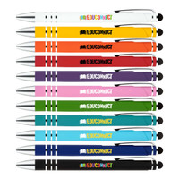 A collection of stylus pens in various colors, featuring a branding logo on each pen.