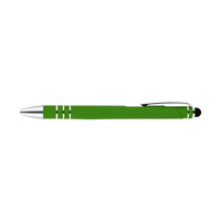 A green pen and stylus with silver accents and a black tip, featuring a branding logo.
