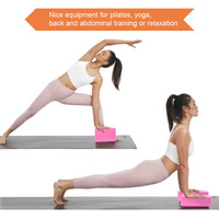 A pink EVA yoga block featured alongside a person demonstrating yoga poses on a mat.