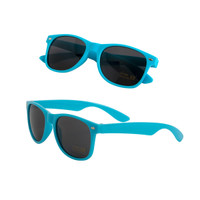 A pair of turquoise sunglasses with dark lenses, featuring a sleek design and a logo on the side.