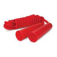 A red skipping rope with thick handles and a coiled rope design. The product features a logo on one of the handles.