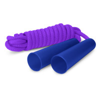 A purple skipping rope with blue handles. The rope is coiled neatly beside the handles.