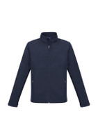 Navy men's soft shell jacket with a zip front and two side pockets, featuring a logo.