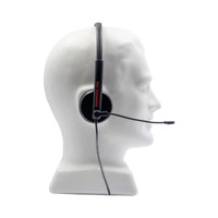 A side view of black Regent Conference Headphones with a flexible microphone attached, displayed on a mannequin head.