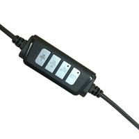 A black headphone control unit featuring four buttons for adjusting sound settings and volume.