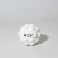 A white stress ball shaped like a spiked ball with a logo on the side.
