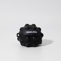 A black textured stress ball featuring bumps and a loop for attachment, with a small logo on its surface.