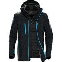 A black jacket with blue accents, featuring a zippered front, pockets, and a hood. It includes a logo.