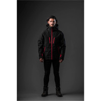 A men's jacket in black with red accents, featuring a hood and multiple zippered pockets, displayed on a model.