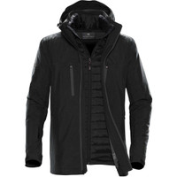 A black men's jacket with a zip front, adjustable hood, and multiple zipped pockets, featuring a logo.