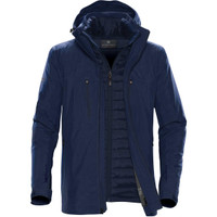A navy Men's Matrix System Jacket with a hood and multiple zippered pockets, featuring a logo on the sleeve.