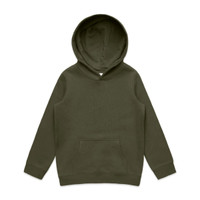 A green hoodie featuring a front pocket and a hood, designed for kids. It has a logo on the label.