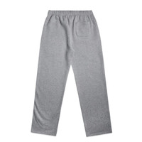 A pair of grey cuffless track pants with an elastic waistband and a back pocket. Features a logo.