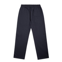 Cuffless track pants in dark navy with an elastic waistband and a back pocket, featuring a logo.