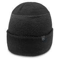A black beanie featuring a textured mesh design and a folded cuff, complete with a logo.