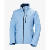 Front product view of the Crew Women's Midlayer Jacket 2.0 in light blue, featuring a full-length zipper, stand-up collar, vertical zippered chest pocket, zippered hand pockets, and a tailored performance fit.