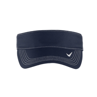 A navy visor featuring a white logo, designed for headwear purposes with stitched detailing.